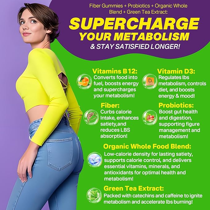 Probiotics Fiber Gummies for Adults Sugar Free + Psyllium Husk Fiber Supplement (Soluble + Insoluble) /w Vitamin B12 1000 mcg Vitamin D3 5000 iu for Fulfill, Metabolism, Gut & Digestive Health, 120Cts