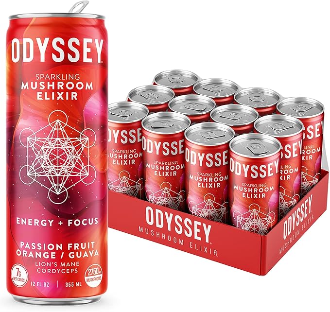 Odyssey Elixir Functional Beverage - Adaptogen Drink - Lions Mane, Cordyceps, L Theanine & Green Tea Caffeine - for Cognition, Energy & Mood Boost - 0 Added Sugar - Passion Fruit Orange Guava - 12 Pk