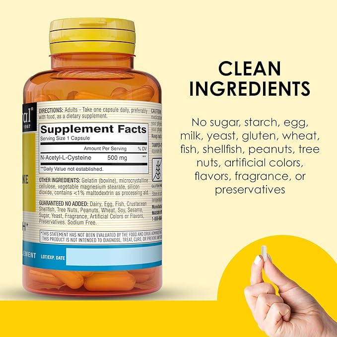 Mason Natura NAC N-Acetyl-L-Cysteine 500 mg, 6 Month Supply, Supports Normal Cellular Health, Immune System Booster for General Wellness, 3 Pack