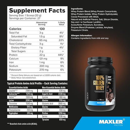 Maxler 100% Golden Whey - 22g of Protein per Serving - Premium 100% Whey Protein Powder, High Protein, Low Fat, Low Carb, Complete Amino Acid Profile - Rich Chocolate Protein 2 lbs