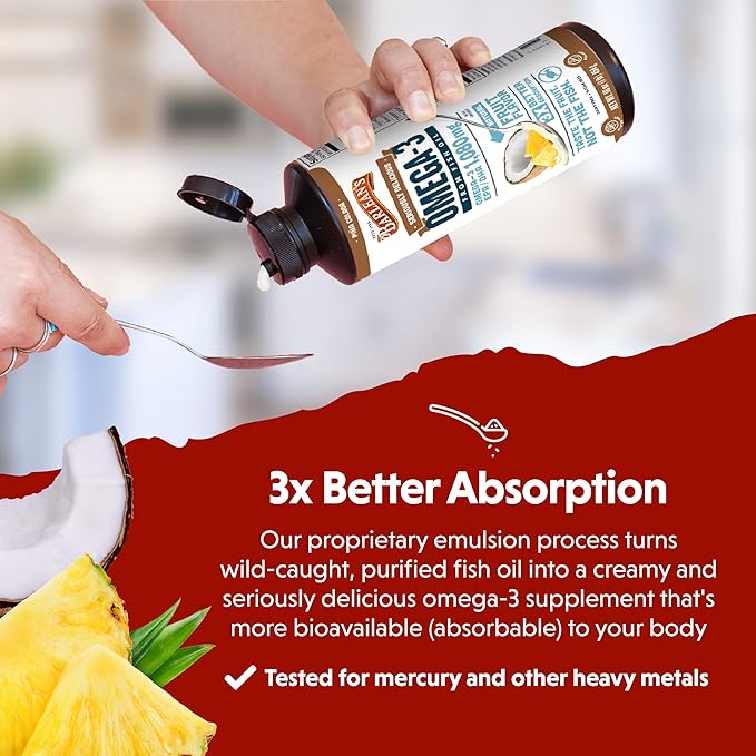 Barlean's Pina Colada Omega 3 Fish Oil Liquid Supplement 1080mg of High Potency EPA & DHA Omegas, Smoothie Flavored & Burpless Omega 3 for Kids and Adults, 16 oz