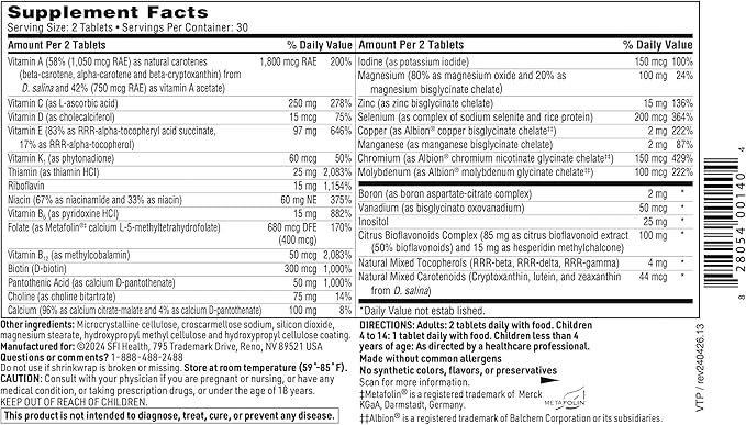 Klaire Labs Vitaprime - Twice Daily Iron-Free Multivitamin & Mineral with Metafolin Folate (60 Tablets)