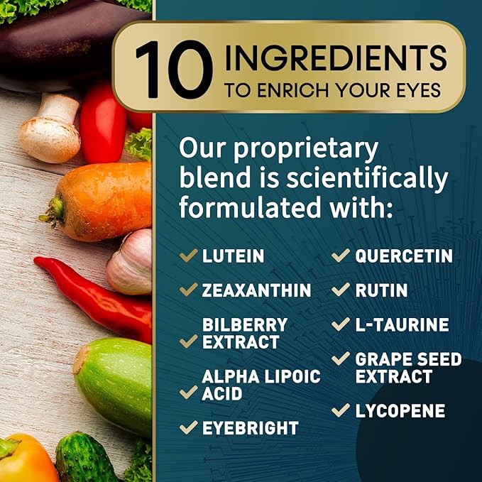 Eye Vitamins & Mineral Supplement, Contains Lutein, Zeaxanthin, Bilberry & Zinc, Supports Eye Strain, Vision Macular Health & Dry Eyes for Adults with Vitamin C & E, Lycopene - 120 Capsules