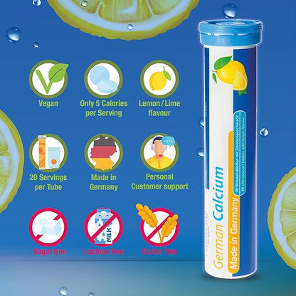 German Calcium 500 mg - 40 Vegan Drink Effervescent Tablets - Lemon Lime Flavor - Made in Germany