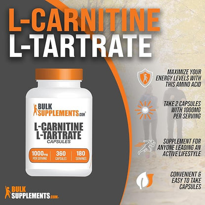 BulkSupplements.com L-Carnitine L-Tartrate Capsules - Carnitine Supplement, L Carnitine 1000mg Capsules - L-Carnitine Tartrate, Gluten Free - 2 Capsules per Serving, 360 Capsules (Pack of 1)