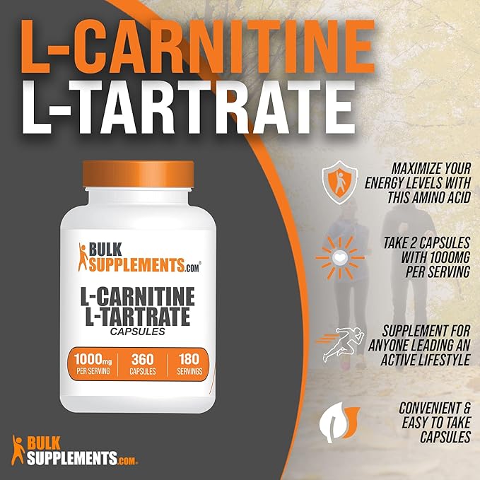 BulkSupplements.com L-Carnitine L-Tartrate Capsules - Carnitine Supplement, L Carnitine 1000mg Capsules - L-Carnitine Tartrate, Gluten Free - 2 Capsules per Serving, 360 Capsules (Pack of 1)