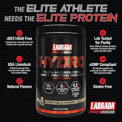 Labrada Hydro 100% Pure Hydrolyzed Whey Protein Isolate Powder, Lactose free, 6g BCAA’s, 4.5g Glutamine, Fastest Digesting Whey Available, Instant Mixing, Delicious Taste 20 Servings (Cookies & Cream)