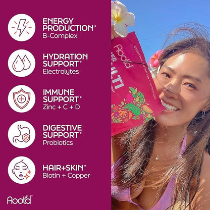 Root'd Multivitamin Powder for Women - 25 Vitamins & Minerals with 3X Electrolytes, 9 Organic Superfoods, Probiotics & Enzymes, Sugar-Free Multivitamin & Hydration | 24 Vitamin Drink Mix Packets