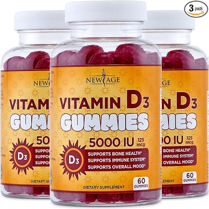 NEW AGE Vitamin D3 5000 IU 125mcg Gummies - Support Immune Support, Strong Bone Health - Non-GMO, Gluten-Free, Dairy-Free, No Gelatin (180 Gummies (Pack of 3))