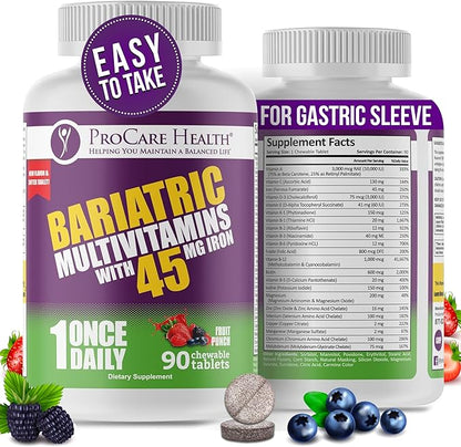Procare Health Bariatric Multivitamin with Iron 45mg Chewable (90 Tablets) - Fruit Punch Flavor Bariatric Multivitamin Chewable Pills for Gastric Bypass & Sleeve Gastrectomy Patients (03 Month Supply)