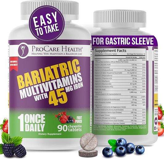 Procare Health Bariatric Multivitamin with Iron 45mg Chewable (90 Tablets) - Fruit Punch Flavor Bariatric Multivitamin Chewable Pills for Gastric Bypass & Sleeve Gastrectomy Patients (03 Month Supply)