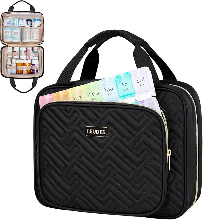 Leudes Travel Pill Bottle Organizer,Medicine Organizer and Storage,Home Medication Bag, Cases,Carrier for Pills,Vitamin,Fish Oil,Supplements for Women and Men (Medium, Black)
