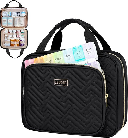Leudes Travel Pill Bottle Organizer,Medicine Organizer and Storage,Home Medication Bag, Cases,Carrier for Pills,Vitamin,Fish Oil,Supplements for Women and Men (Medium, Black)