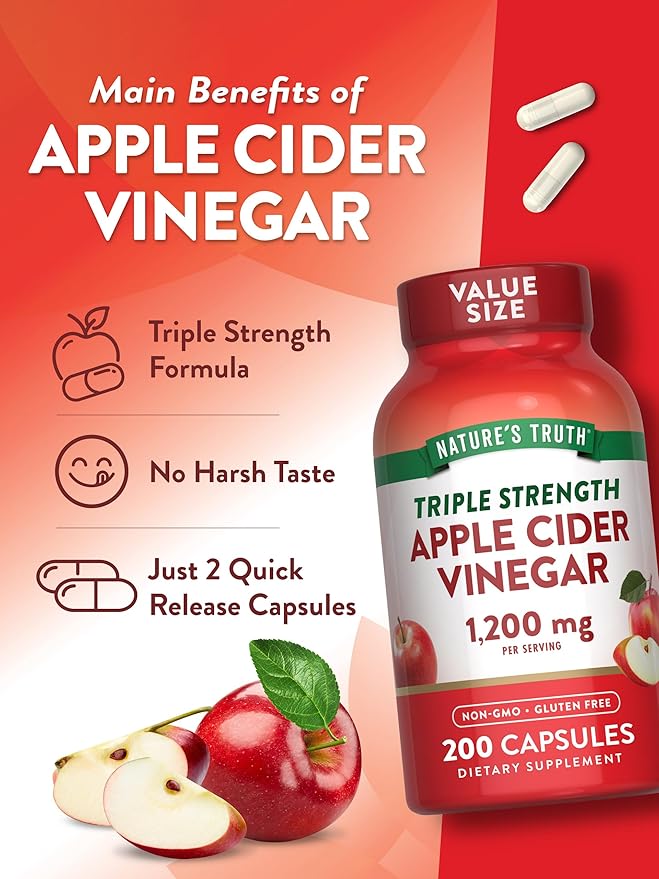 Nature's Truth Apple Cider Vinegar Capsules | 1200mg | 200 Pills | Extra Strength | Value Size | Non-GMO, Gluten Free Supplement