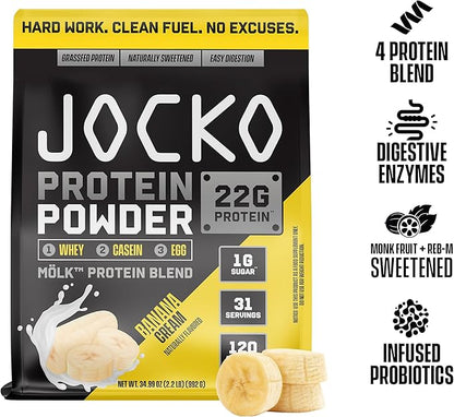Jocko Mölk Whey Protein Powder 22g Sugar Free Monk Fruit Blend - Muscle Recovery & Growth, Packaging May Vary (31 Servings, Banana Cream)