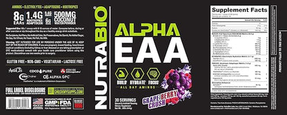 NutraBio Alpha EAA - All-Day Aminos - Recovery, Energy, Focus, and Hydration Supplement - Full Spectrum EAA BCAA Matrix, Electrolytes, Nootropics, Coconut Water - 30 Servings - Grape Berry Crush