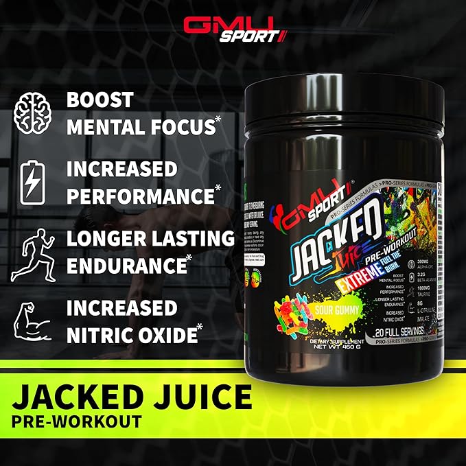 GMU SPORT Jacked Juice Pre-Workout Powder - High Energy, Explosive Pump & Focus Pre Workout Powder for Men & Women 8g Citrulline Malate, Creatine, Beta Alanine, B-Vitamin Boost - 40 Servings