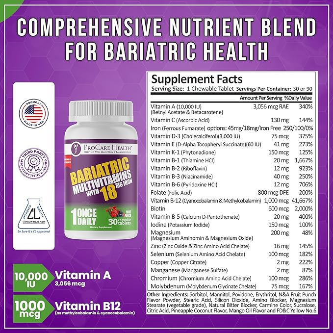 Procare Health Bariatric chewable Multivitamin with Iron 18mg (30 Tablets) - Fruit Punch Flavor Bariatric Multivitamin Chewable Pills for Gastric Bypass & Sleeve Gastrectomy Patients* (1 Month Supply)