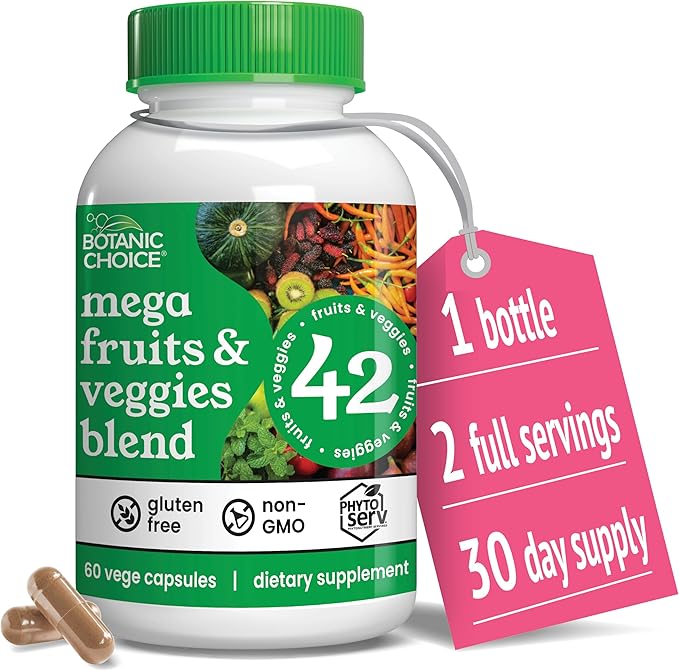 Botanic Choice Mega Fruits and Veggies Blend - 42 Fruit & Vegetable Superfood Capsules - Elderberry, Chlorella, Kale - Supplements - 60 Capsules