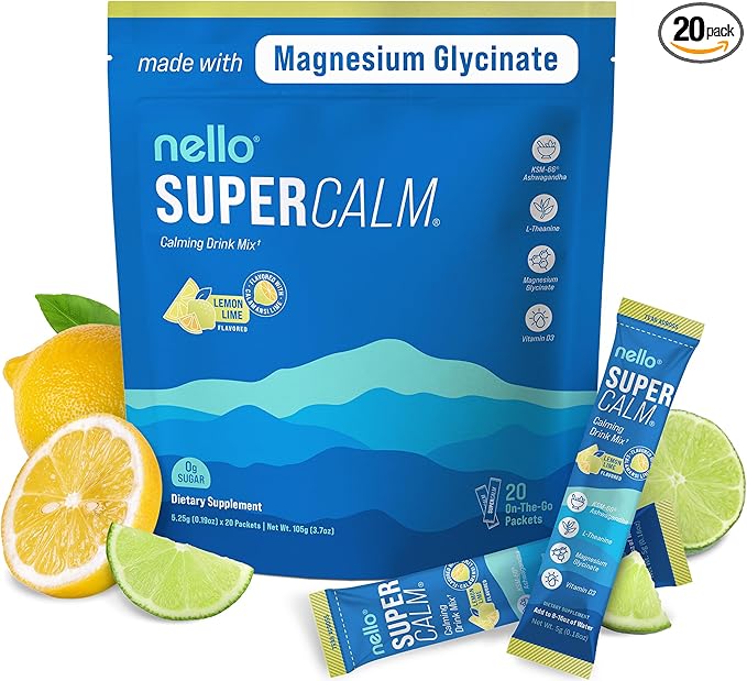 Nello Supercalm Drink Mix - Ashwagandha KSM 66, Magnesium Glycinate & L-Theanine Supplement, Vitamin D3 - Ashwagandha Root Extract - Focus and Relaxation Support (20 Travel Packets) - Lemon Lime