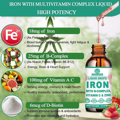 Liquid Iron Supplement w/Vitamin C, B-Complex, High Potency Iron Liquid w. Multivitamin, Vegan Iron Drops for Women, Kids, Chelate Liquid Iron Supplement for Anemia, Fatigue, Red Blood Cell Support