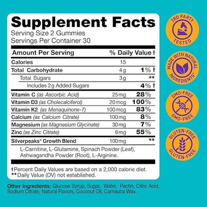 Height Growth Gummies for Kids - Growth Vitamins for Teens Height Growth Supplement - Height Growth for Kids with Calcium, Vitamin D, C, K2, Magnesium & Zinc - Natural Height Growth Maximizer - 60 PCS