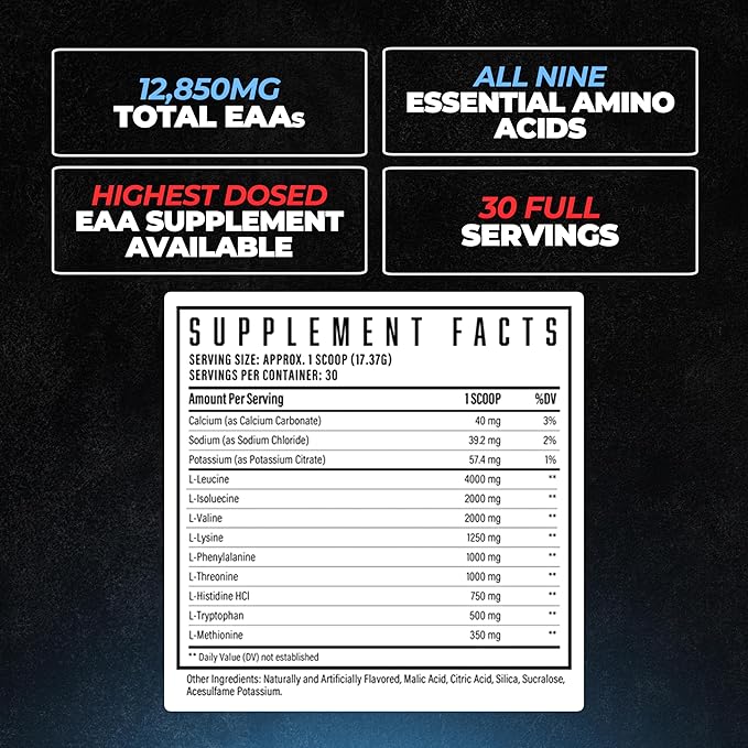 Huge EAA Supplement, Highest Dosed Essential Amino Acids Powder, 12.85g EAAs & 8g BCAAs Per Serving, Maximize Muscle Growth, Recovery & Performance (Bomb Popsicle, 17.73 Oz.)
