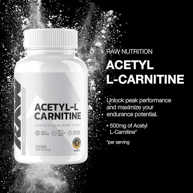 RAW Acetyl L-Carnitine Supplement, 500mg - Premium Cellular Energy Formula Boosts Cognition - Natural Energy Pills for Fatigue, Reduce Muscle Damage & Promotes Repair - 60 Capsules