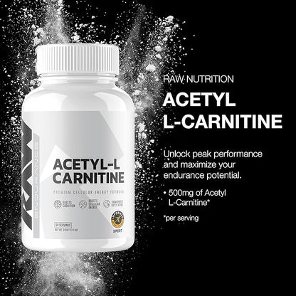 RAW Acetyl L-Carnitine Supplement, 500mg - Premium Cellular Energy Formula Boosts Cognition - Natural Energy Pills for Fatigue, Reduce Muscle Damage & Promotes Repair - 60 Capsules