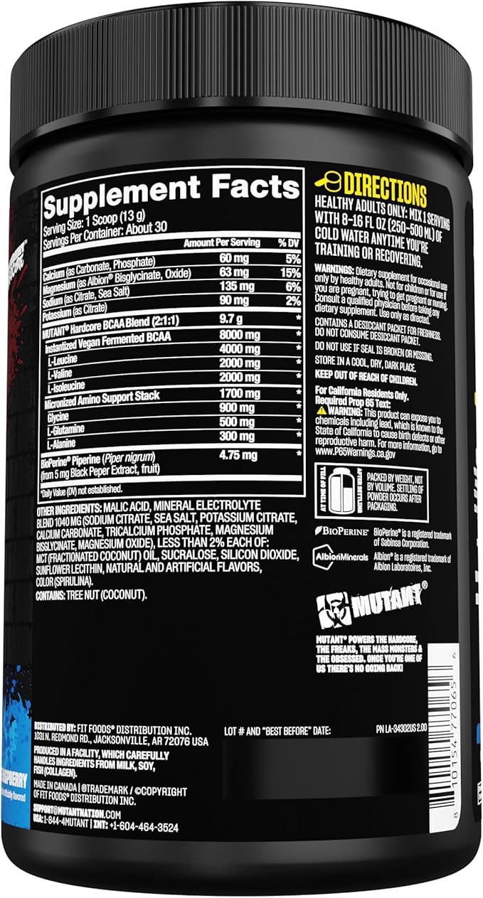 Mutant Hardcore BCAA - Pre, Intra or Post Workout – BCAA Next Level branched-Chain Amino Acids Supplement – Hydration + Recovery - 30 Serving - Blue Raspberry