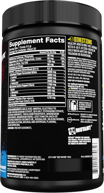 Mutant Hardcore BCAA - Pre, Intra or Post Workout – BCAA Next Level branched-Chain Amino Acids Supplement – Hydration + Recovery - 30 Serving - Blue Raspberry