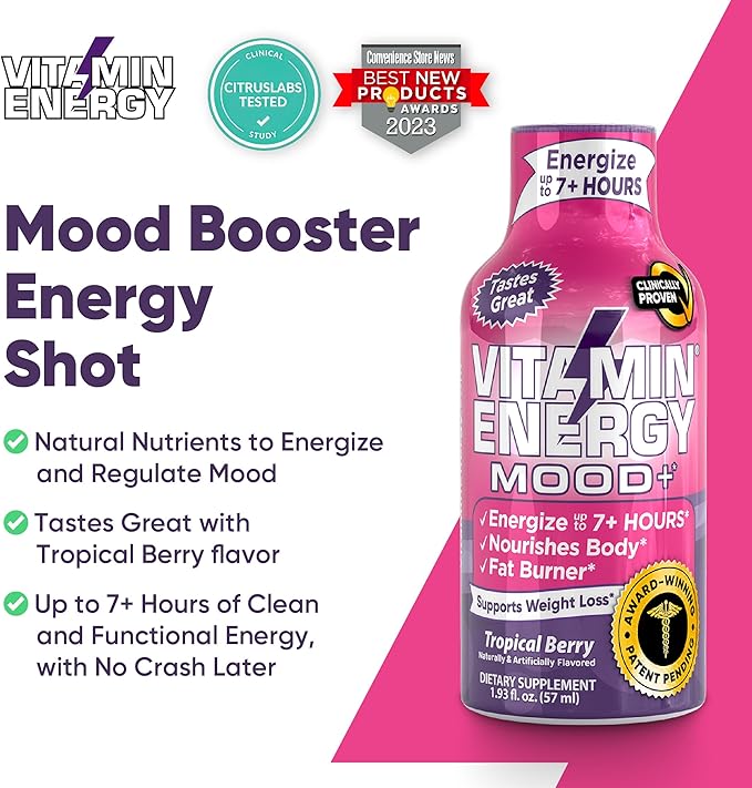 Mood Support Vitamin Energy Drink - Sugar Free, Keto/Vegan Friendly Shots | Mood Balancing with Rhodiola and Chamomile | Energize up to 7+ Hours | Tropical Berry - 1.93 Fl Oz - Pack Of 4