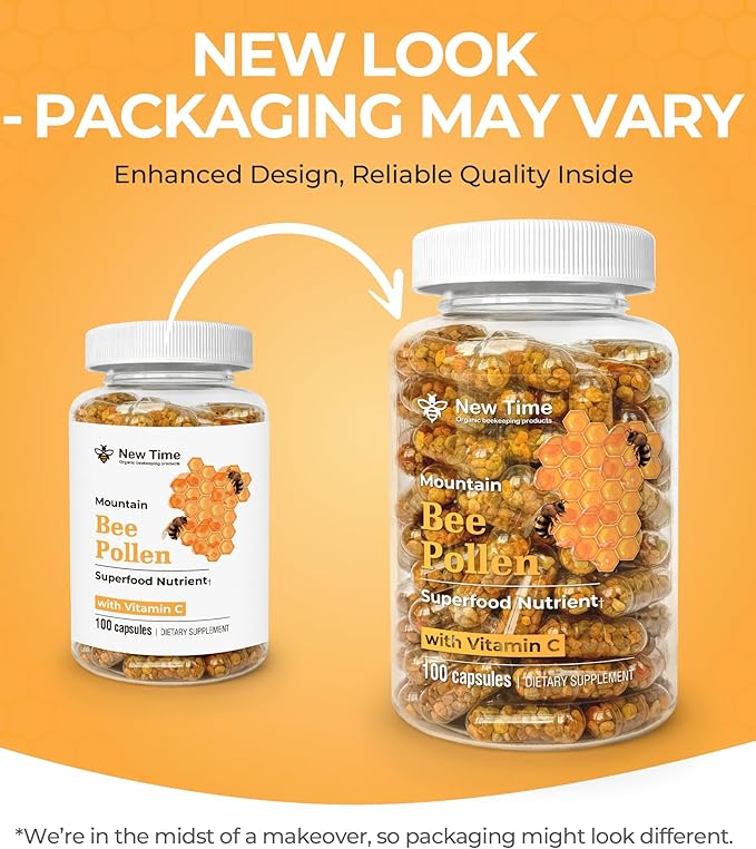 Bee Pollen Vegetarian Capsules with Vitamin C, Natural Organic Supplement, Fermented Pollen Granules, Multivitamin, Immune, Energy Support (100 caps)
