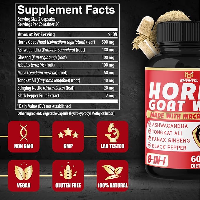 BMVINVOL Horny Goat Weed Capsules with Tribulus, Ginseng, Ashwagandha, Maca, Tongkat Ali, Nettle, Black Pepper - 60 Count