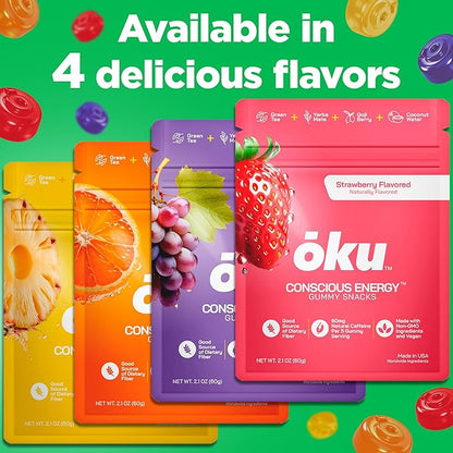 ōku Conscious Energy Gummy Snacks – Natural Caffeine from Green Tea & Yerba Mate, Vegan, Clean Ingredients, Gluten-Free, Focused Energy, Antioxidants & Fiber, Strawberry Pack of 12