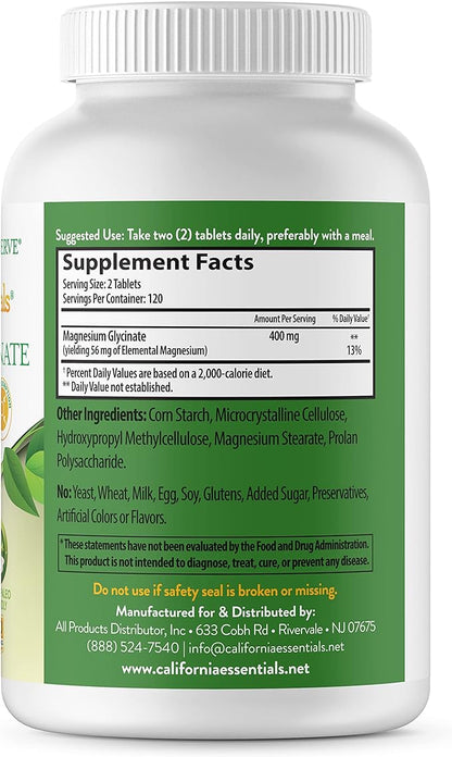 Magnesium Glycinate 400 - Chelated, High Absorption Magnesium for Muscle Relief, Bone & Heart Support -Vegan, Non-GMO, Gluten-Free 240 Tablets (Servings 120, Serving Size (2) 200mg Tablets)