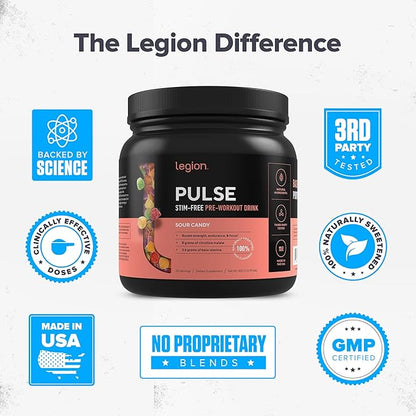 LEGION Pulse Pre Workout Supplement - All Natural Nitric Oxide Preworkout Drink to Boost Energy, Creatine Free, Naturally Sweetened, Beta Alanine, Citrulline, Alpha GPC (Caffeine Free Sour Candy)