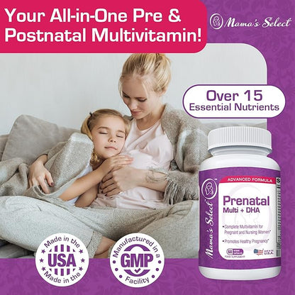 Mama's Select Prenatal Vitamins for Women with Iron, Vitamin D, DHA, and Folic Acid for Pregnant Women, Methyl Folate Safe for MTHFR - Slow-Release Supplement, Gentle on Stomach, 60 Veggie Capsules
