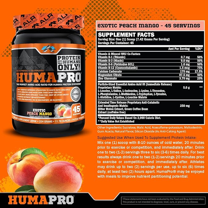 Humapro | Amino Acids Protein Matrix for Humans | 99% Utilization for Lean Muscle | Vegan, Gluten Free | 334g / 45 Servings (Exotic Peach Mango)