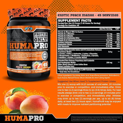 Humapro | Amino Acids Protein Matrix for Humans | 99% Utilization for Lean Muscle | Vegan, Gluten Free | 334g / 45 Servings (Exotic Peach Mango)
