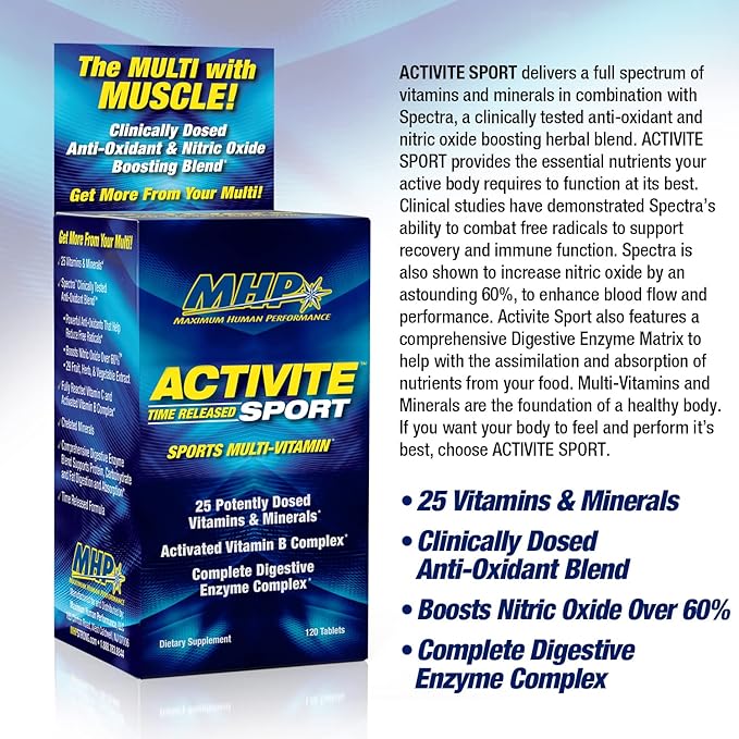 MHP Activite Sport Multi Vitamin, 25 Vitamins and Minerals, Nitric Oxide Booster, Digestive Enzymes, Antioxidants, 120 Tablets