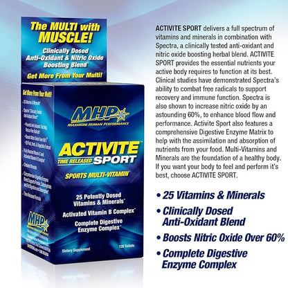 MHP Activite Sport Multi Vitamin, 25 Vitamins and Minerals, Nitric Oxide Booster, Digestive Enzymes, Antioxidants, 120 Tablets