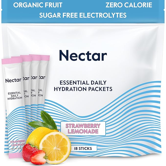 Nectar Hydration Packets - Electrolytes Powder Packets - No Sugar or Calories - Organic Fruit Liquid Daily IV Hydrate Packets for Dehydration Relief & Rehydration (Strawb. Lemon 18 Pack)