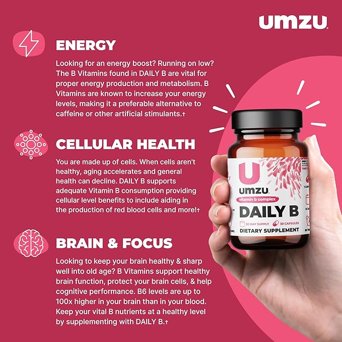 UMZU Daily B | 100% Complete Vitamin B Complex with B1, B2, B3, B5, B6, B7, B9 & B12 with Folic Acid | Supports Natural Energy Production &Cognitive Function Well (30 Day Supply | 30 Capsules)