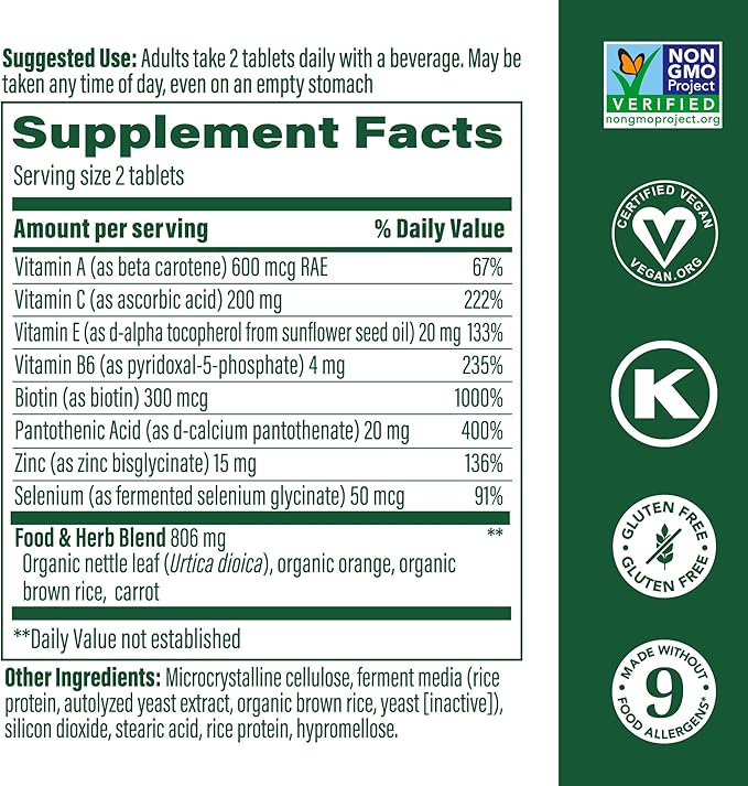 MegaFood Skin, Nails & Hair 2 - Vitamins For Women & Men - Biotin, Vitamin A, Vitamin C, Zinc, Vitamin B6, Vitamin E, Pantothenic Acid - Vegan - Made Without 9 Food Allergens - 90 Tabs (45 Servings)