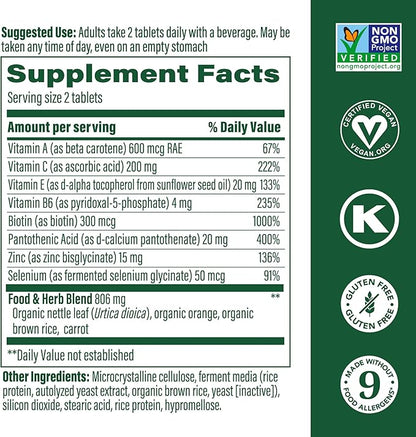 MegaFood Skin, Nails & Hair 2 - Vitamins for Women & Men - Biotin, Vitamin A, Vitamin C, Zinc, Vitamin B6, Vitamin E, Pantothenic Acid - Vegan - Made Without 9 Food Allergens - 60 Tabs (30 Servings)