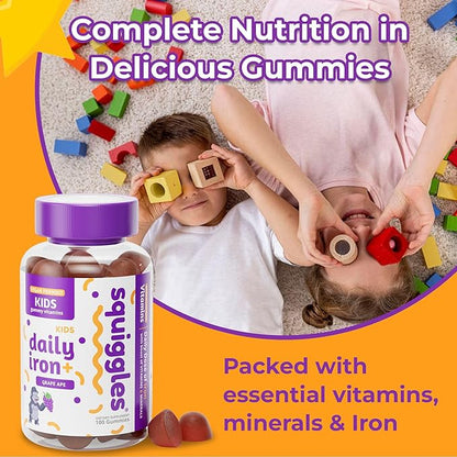 Squiggles Kids Daily Iron+ Gummies, Gummy Vitamin with Iron and Low Sugar, Boost of Vitamins, Minerals and Iron, Vegan Supplement, Chewy Yummy Gummies, Grape Flavor, 100 Gummies