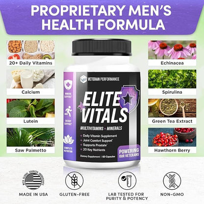 Elite Vitals Multivitamin for Men – Daily Mens Multivitamins Ages Over 20 Plus – Prostrate Energy Immune Joint Support – Daily Mens Vitamins and Minerals (60 Capsules)