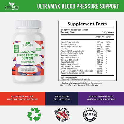 Sundhed Natrual UltraMax Blood Pressure with Bioperine for Enhanced Absorption, Hawthorn Berry Capsules - Multivitamin - 60 Capsules