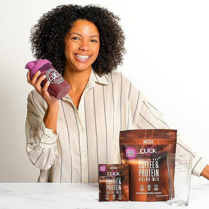 Click Coffee Protein, Protein & Real Coffee All-in-One, Meal Replacement Nutrition Drink, Mocha Flavor, 23 Essential Vitamins, Double Shot Espresso Coffee, Hot or Cold, 15.8-Ounce